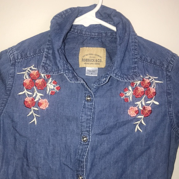 Half Button Up Jean Dress with Flower Embroidered - Picture 2 of 3